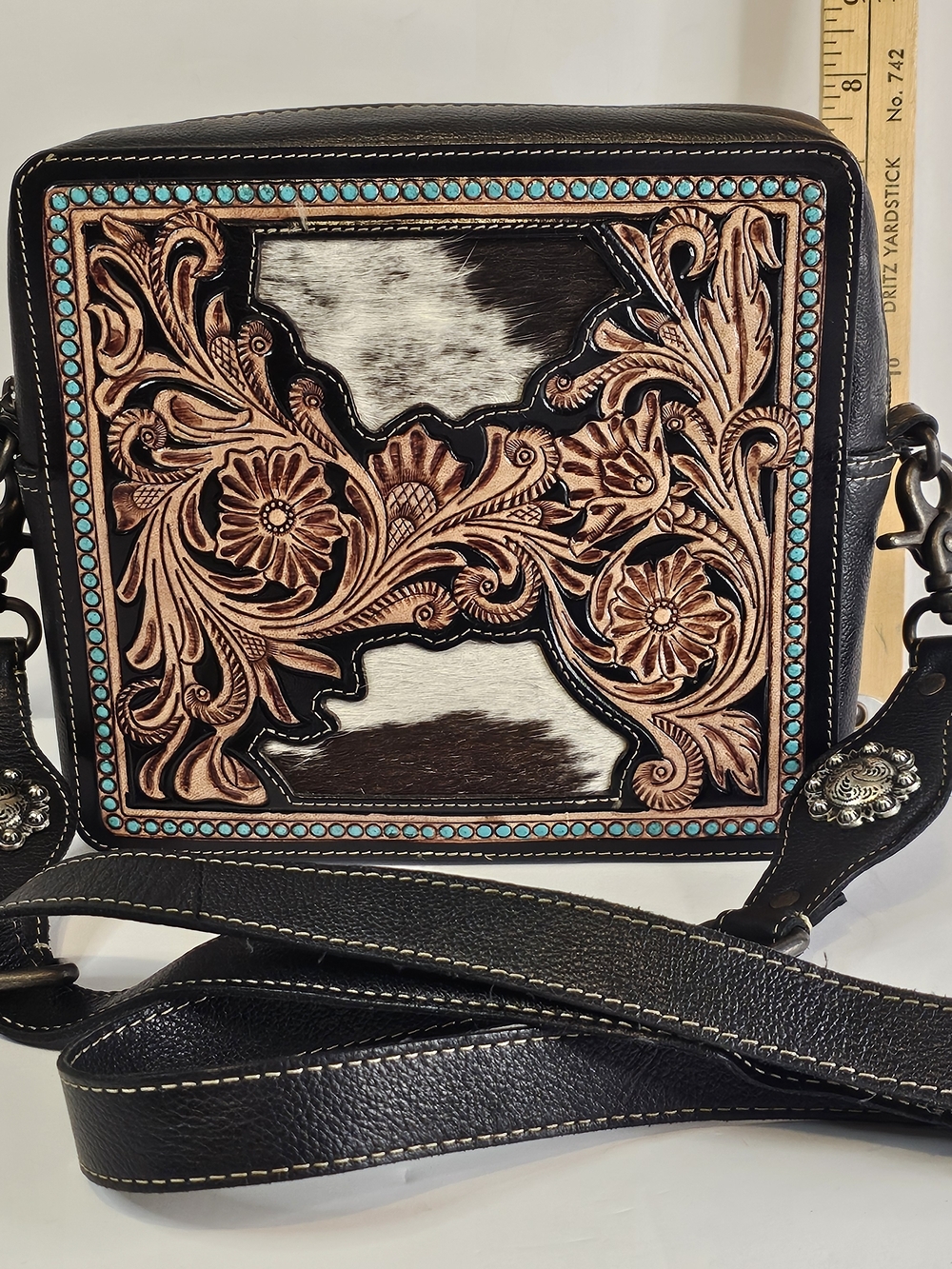 Myra Bag Turquoise Trim Black Brown Tooled Leather Cow Hair Western Crossbody